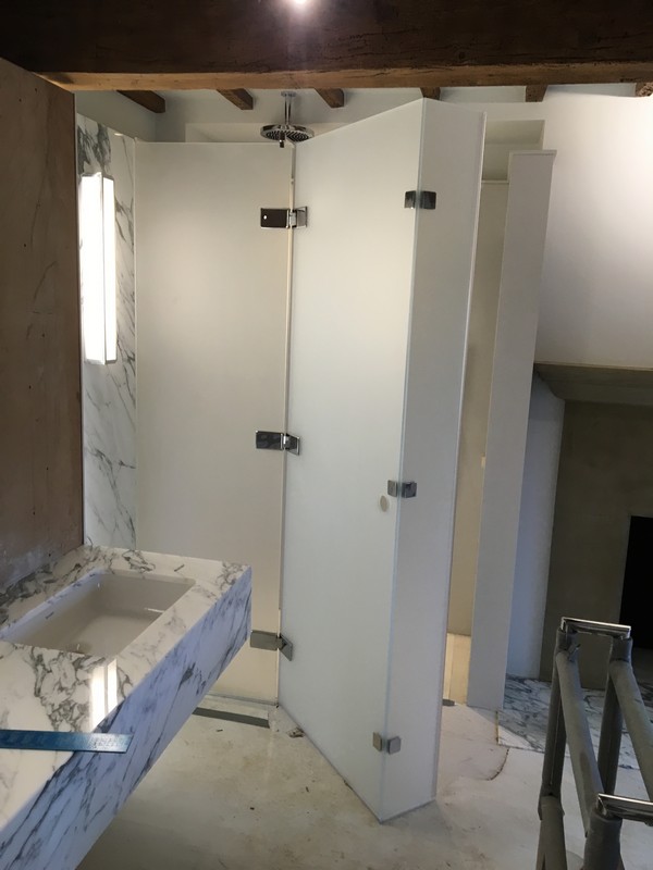 Bespoke frosted glass shower enclosure in Esher luxury bathroom